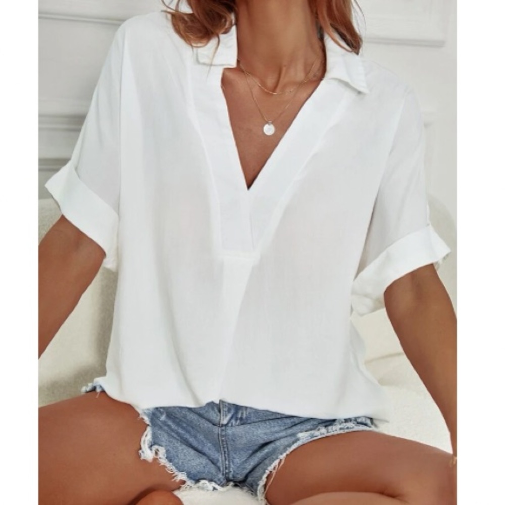 Boho white notched neck batwing sleeve blouse